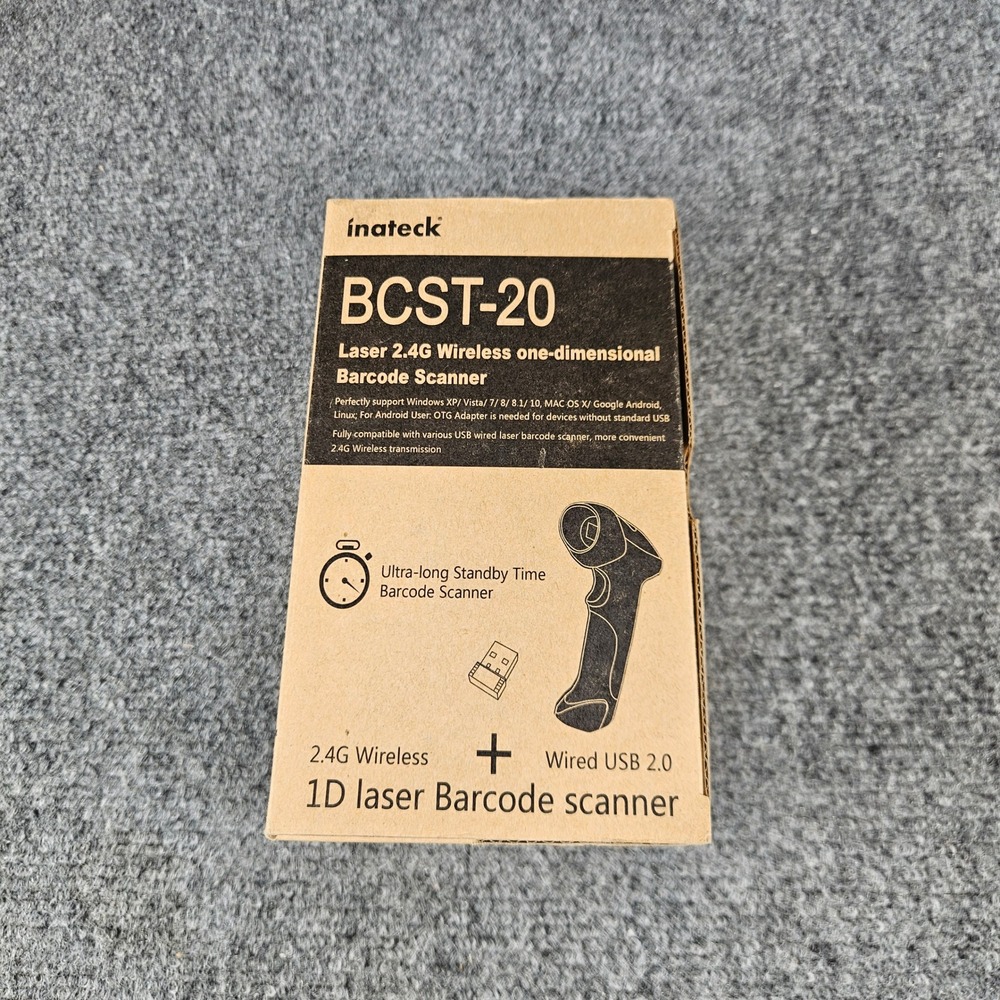 Inateck BCST-20 Laser 2.4G Wireless 1D Barcode Scanner USB Wired Handheld Black